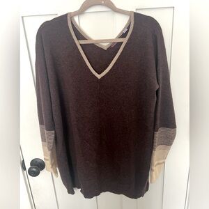 Cullen 100% Cashmere Double V-Neck Brown Sweater Cream Trim & Stripe Detail M
